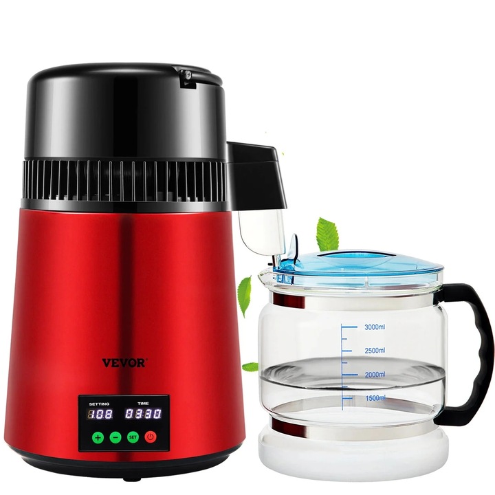 Дестилатор за вода, VEVOR 4L, 1L/h, 750W, червен, комплект с гарафа от боросиликатно стъкло и въгленови филтри