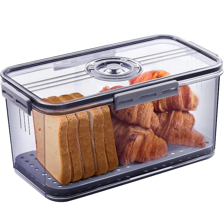 Гювеч за храна Elindor® с капак, индикатор за време, регулируем въздушен клапан и подвижна тава за влага, 30,5x15,7x15,5 см, идеален за хляб и плодове, сив