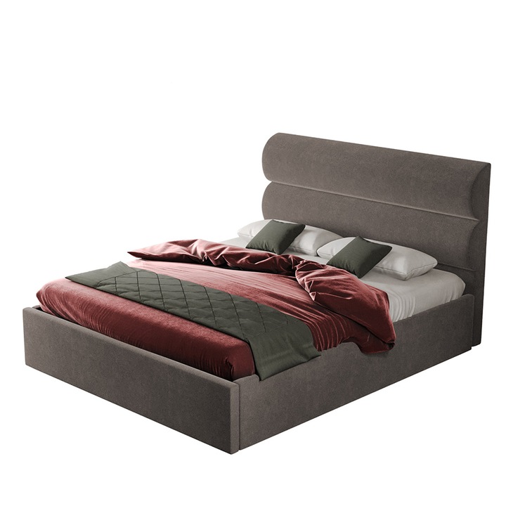 Pat dublu tapitat Paris, cadru lemn si pal, 140x200 cm, maro, cu somiera fixa