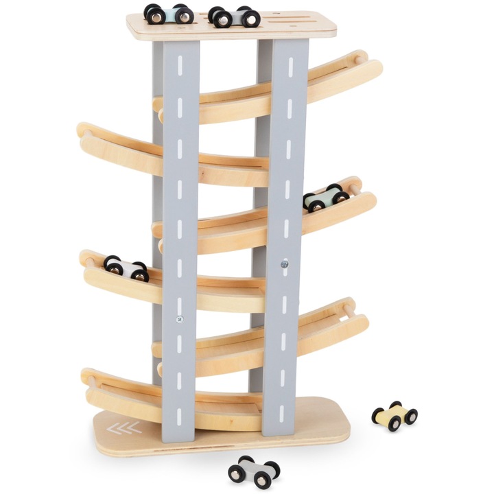 Fapálya szett csúszdával, parkoló és autók, Mamabrum, Mam104 tolótorony, kiváló minőségű fajáték, parkolóhelyekkel, 6 emelet, éles sarkok nélkül, 31x10x45 cm, sokszínű, 6 kis színes autó