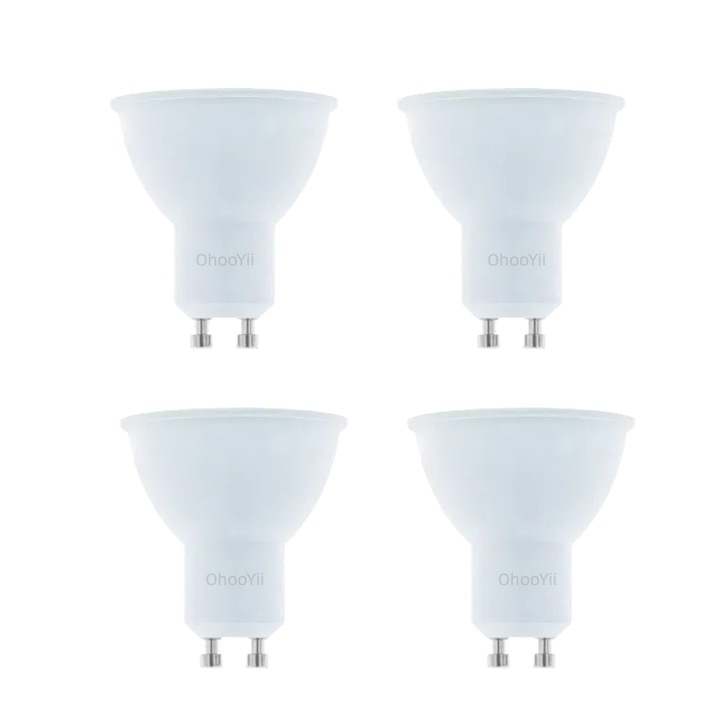 Комплект от 4 LED крушки GU10 7W (еквивалент на 50W), OhooYii, 3000K, топли, пластмаса-алуминий, енергоспестяващи