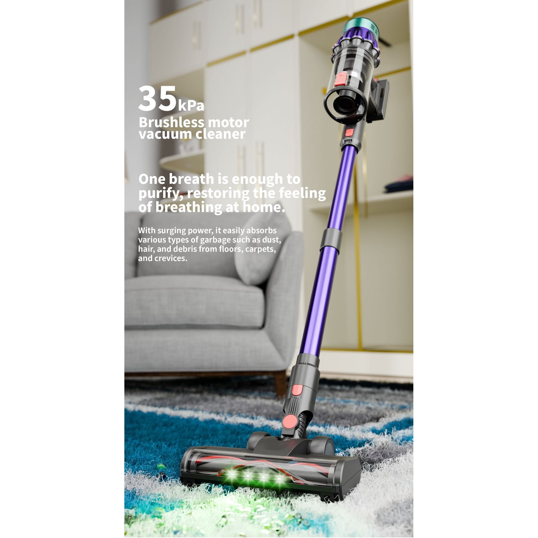 Aspirator fara fir, 550W, 35KPa, capacitate cupa de praf 1.2L, reglare in 3 viteze, mai multe capete de aspiratie, potrivit pentru curatarea acasa, 7x 2200mAh, violet