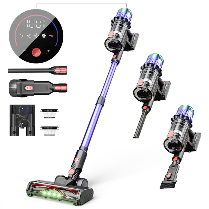 Aspirator fara fir, 550W, 35KPa, capacitate cupa de praf 1.2L, reglare in 3 viteze, mai multe capete de aspiratie, potrivit pentru curatarea acasa, 7x 2200mAh, violet