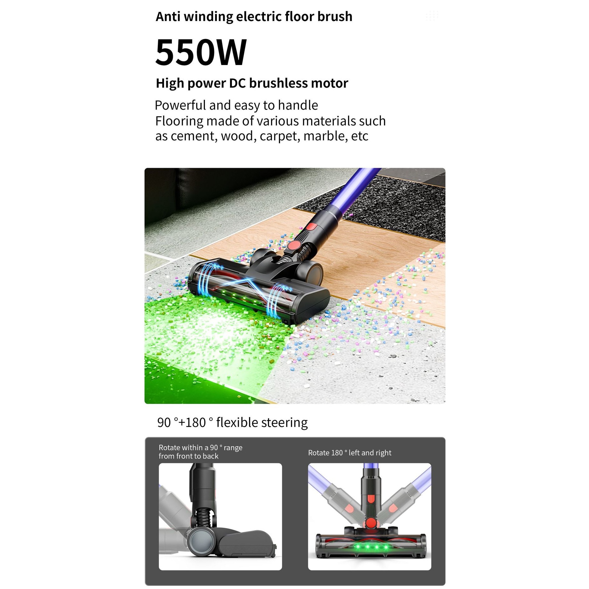 Aspirator fara fir, 550W, 35KPa, capacitate cupa de praf 1.2L, reglare in 3 viteze, mai multe capete de aspiratie, potrivit pentru curatarea acasa, 7x 2200mAh, violet