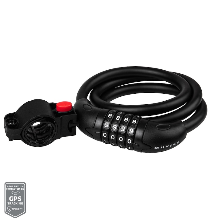 Antifurt bicicleta Muvike Flex 1000/12C, cod, 12mm, 100cm, negru, set cu suport transport si sticker GPS