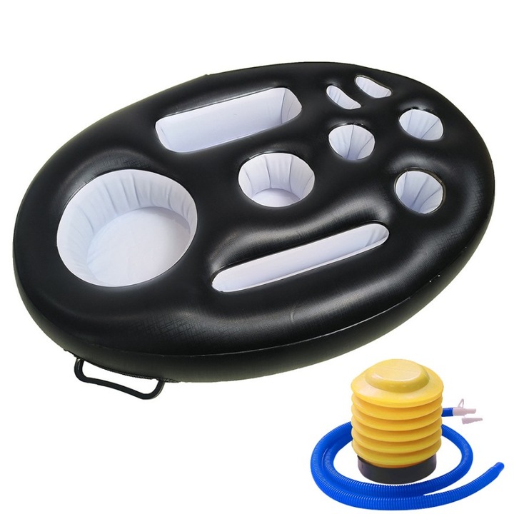 Bar gonflabil/Suport de pahare plutitor, Cyrax, cu 9 compartimente, pompa inclusa, PVC, Negru, 25x18, 5x4 cm