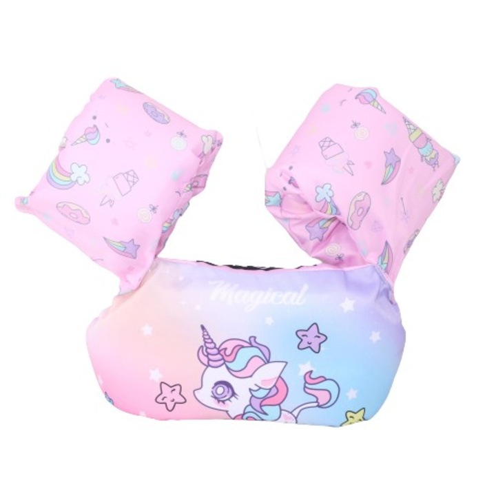 Vesta de salvare pentru copii cu aripioare, model unicorn mov. Siguranta si distractie in apa pentru varsta 2-7 ani
