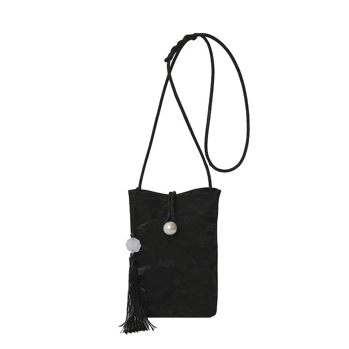 Női mobiltelefon táska, szatén, 15×20×3 cm, fekete