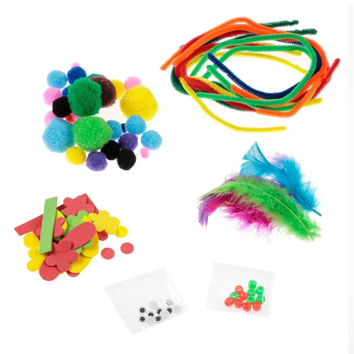 Set Creativ cu Sarma Plusata Pompon Ochi Margele Pene Diverse Forme din Spuma