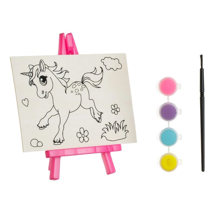 Set Creativ Sevalet Tablou din Lemn Unicorn cu 4 Vopsele & Pensula - 7 piese