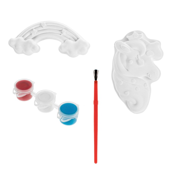 Set Accesorii Creatii din Ipsos Curcubeu Unicorn cu Vopsea & Pensula - 6 piese