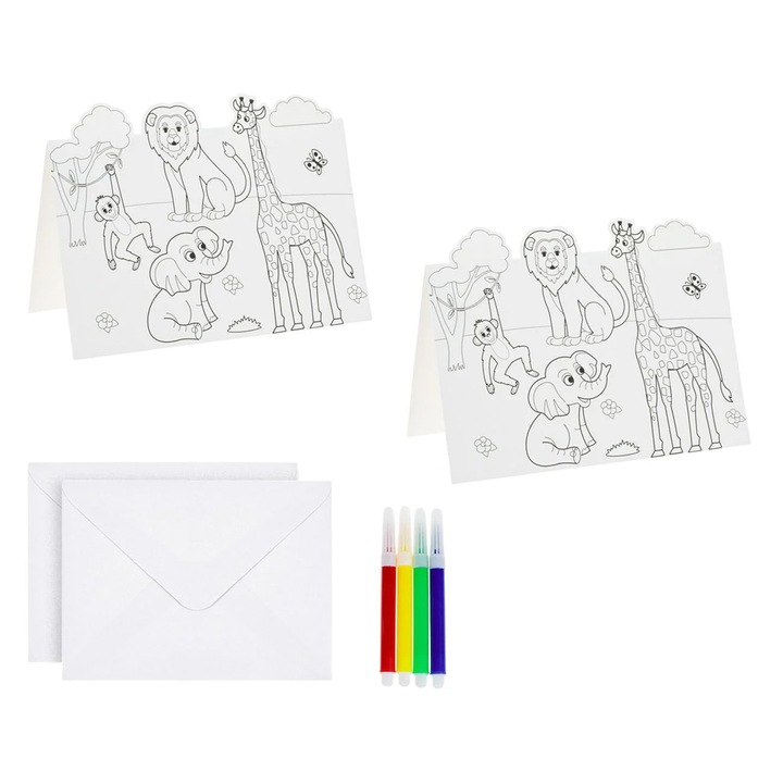 Set Creativ ”Picteaza Cartonasele” cu 2 Cartonase Decupate 2 Plicuri & 4 Carioci