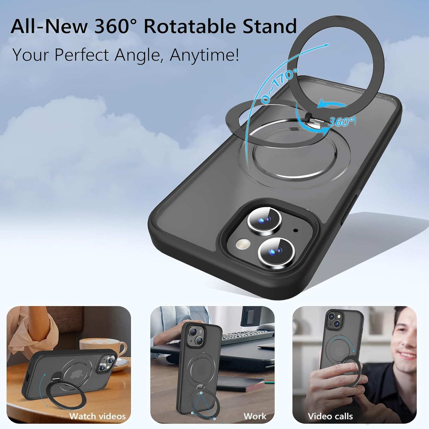 Husa Magnetica pentru iPhone 15, Protectie Militara Antisoc, Suport Rotativ 360° MagSafe, Negru