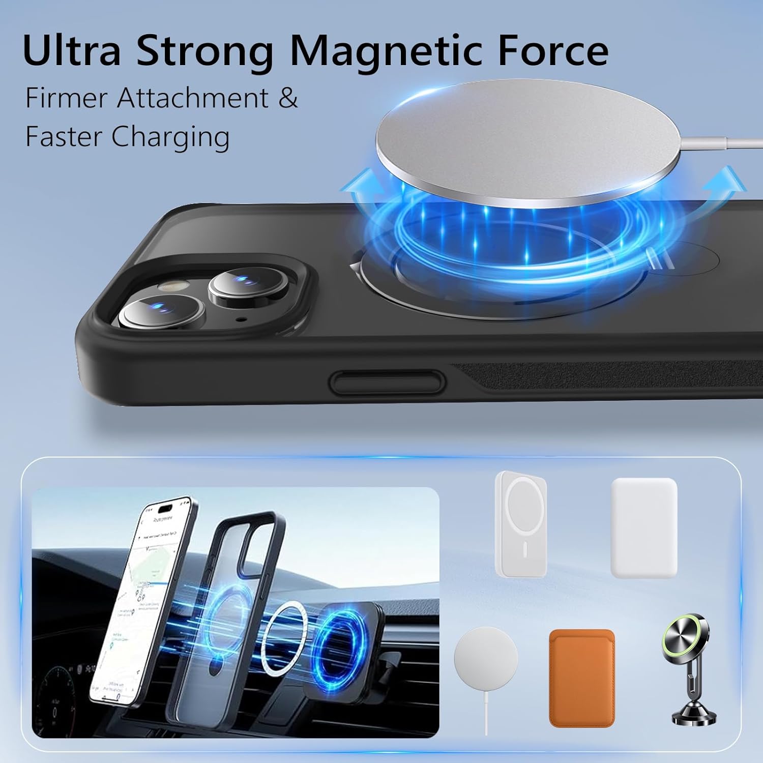 Husa Magnetica pentru iPhone 15, Protectie Militara Antisoc, Suport Rotativ 360° MagSafe, Negru