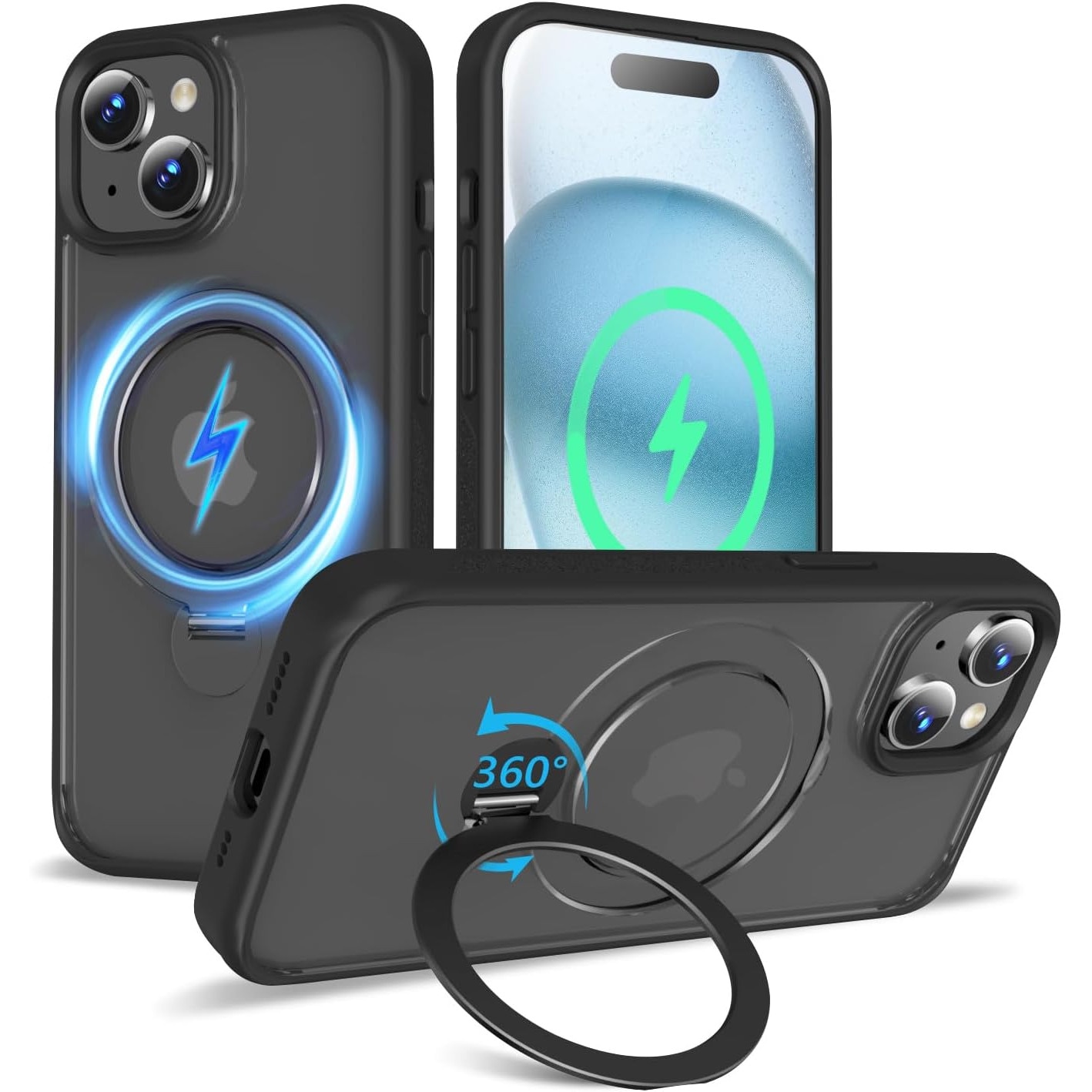 Husa Magnetica pentru iPhone 15, Protectie Militara Antisoc, Suport Rotativ 360° MagSafe, Negru