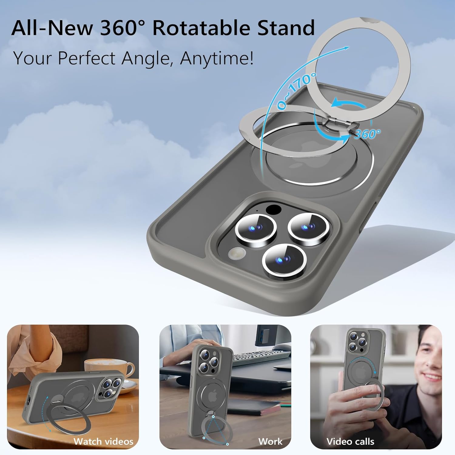 Husa Magnetica pentru iPhone 15 PRO, Protectie Militara Antisoc, Suport Rotativ 360° MagSafe, Gri