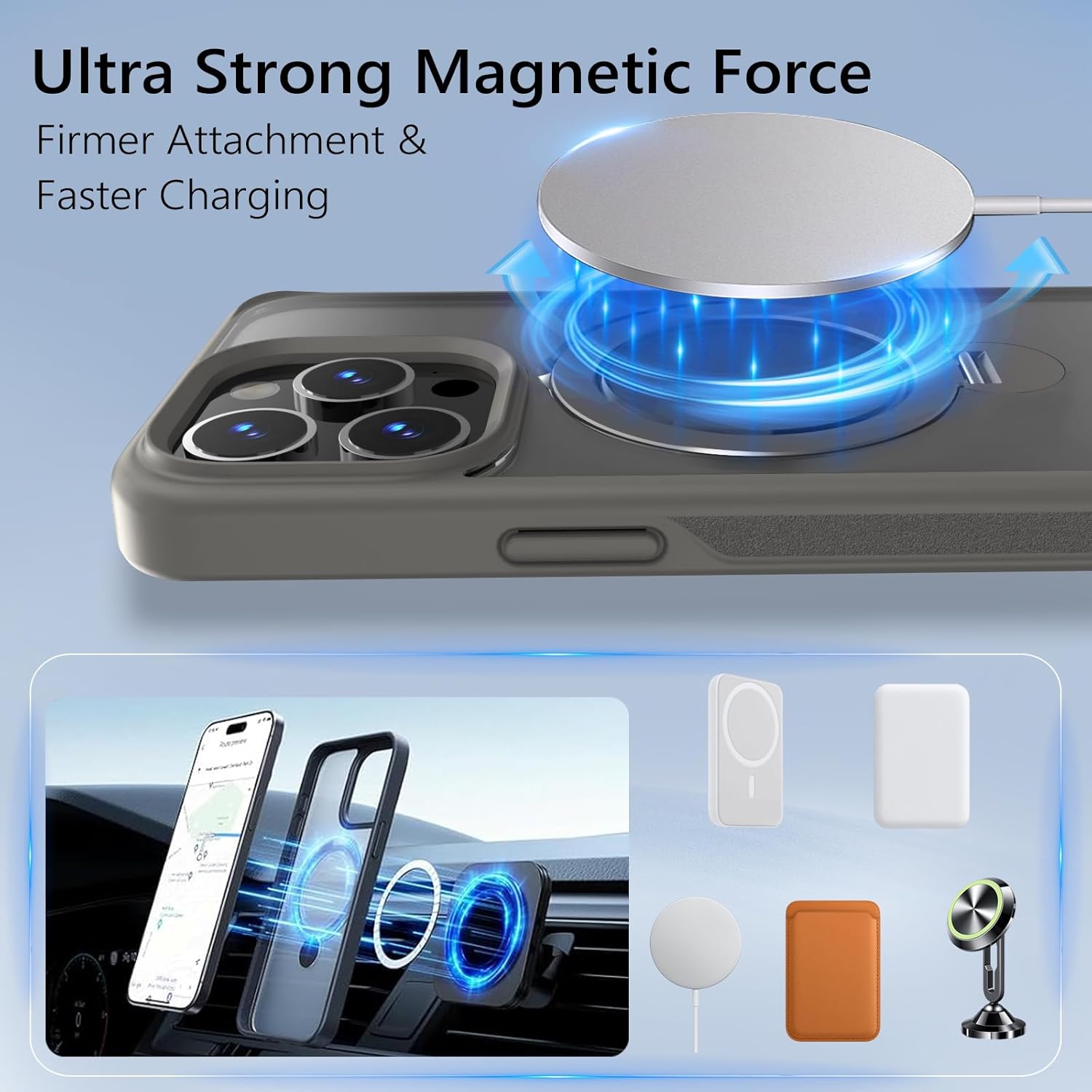 Husa Magnetica pentru iPhone 15 PRO, Protectie Militara Antisoc, Suport Rotativ 360° MagSafe, Gri