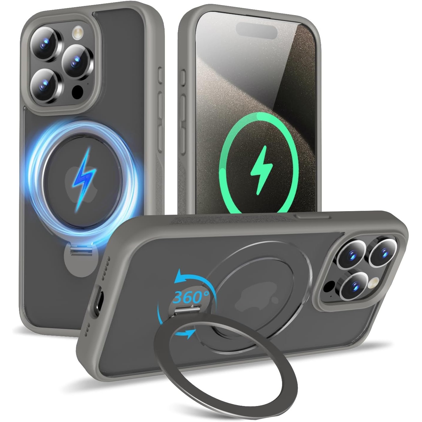 Husa Magnetica pentru iPhone 15 PRO, Protectie Militara Antisoc, Suport Rotativ 360° MagSafe, Gri