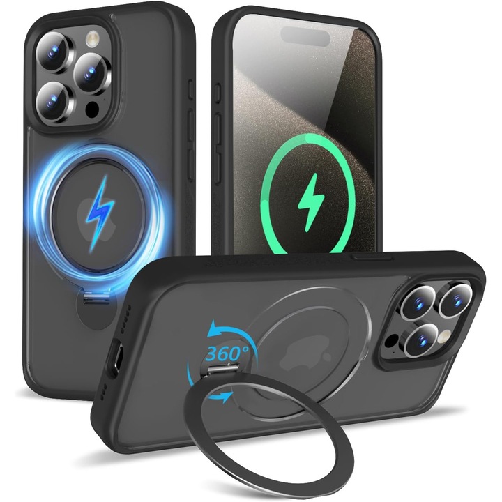 Husa Magnetica pentru iPhone 15 PRO, Protectie Militara Antisoc, Suport Rotativ 360° MagSafe, Negru