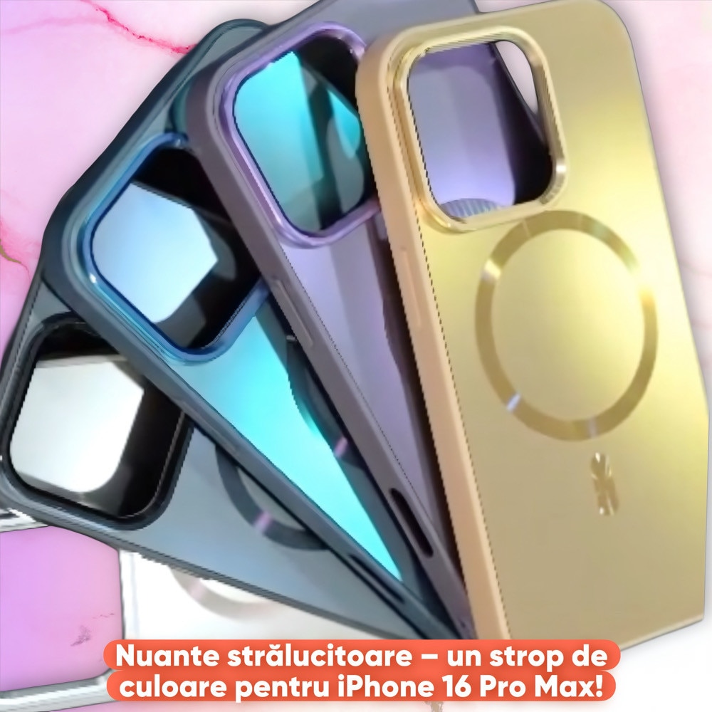 Husa Pentru iPhone 16 ProMax, Compatibila MagSafe, Protectie Camera, Look Metalic, Culoare Auriu