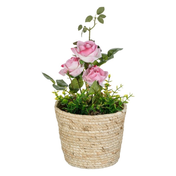 Ghiveci Decorativ Shopiens din Paie cu Planta Artificiala Trandafir Roz Ø20x40cm