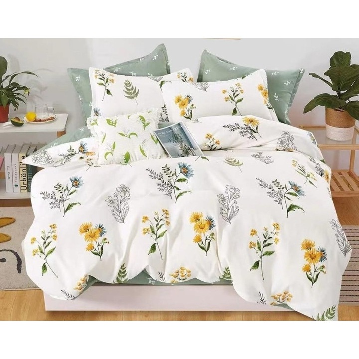 Lenjerie de Pat Dublu, Cearsaf Reversibil, 6 piese, 2 persoane, 230x245cm, Finet, Imprimeu Flori de Camp, Multicolor