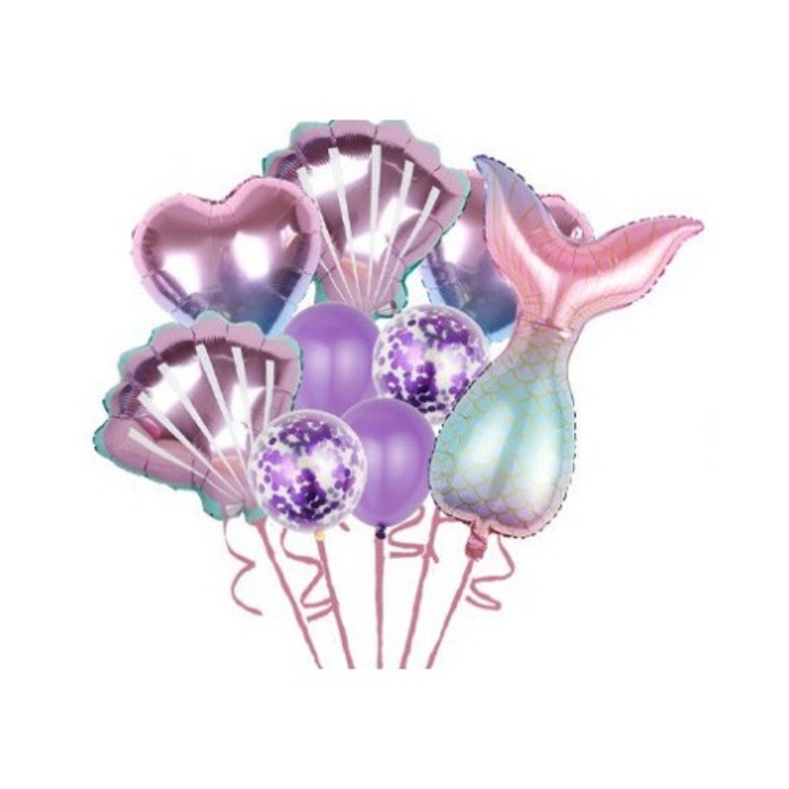 Комплект балони за рожден ден за момиченце, комплект от 9 балона, Cyrax, Тема русалка, 5 фолиеви балона, 4 латексови балона, със сърца Лилав металик