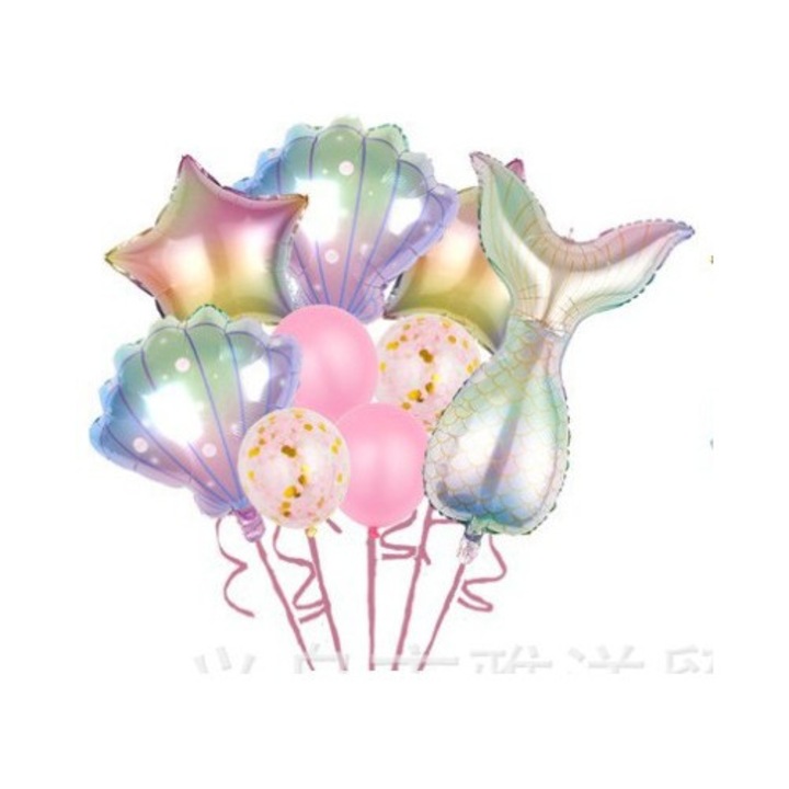 Комплект балони за рожден ден за момиченце, комплект от 9 балона, Cyrax, Тема русалка, 5 фолиеви балона, 4 латексови балона, розов