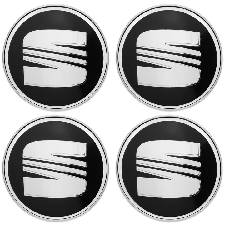 Capace jante auto, Seat, 60 mm, set 4 bucati, negru-argintiu, material plastic si aluminiu