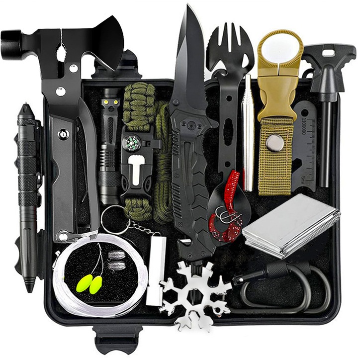 Kit Supravietuire 62 In 1 Renew Force, ustensile multifunctionale incluse, unelte, ideal pentru excursii, drumetii, camping, pescuit, outdoor, vanatoare, calatorii, trusa impermeabila pentru transport inclusa, Culoare negru SRV-62