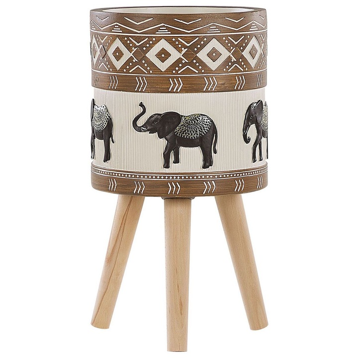 Ghiveci exterior, Beliani, Fioriera, bej/maro, 30x55cm, decor african, realizat manual