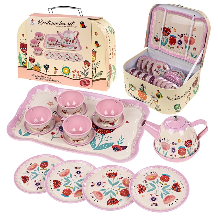 Teáskészlet, gyerekeknek, teáskannával, csészékkel, csészealjjal, játszóházzal, többszínű