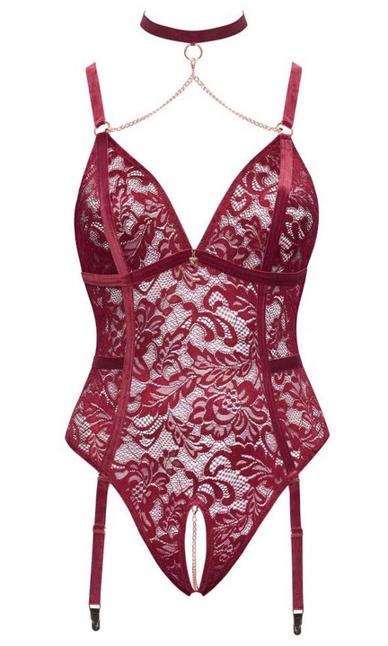 Body sexy Cottelli, cu portjartier, poliamida/elastan, visiniu