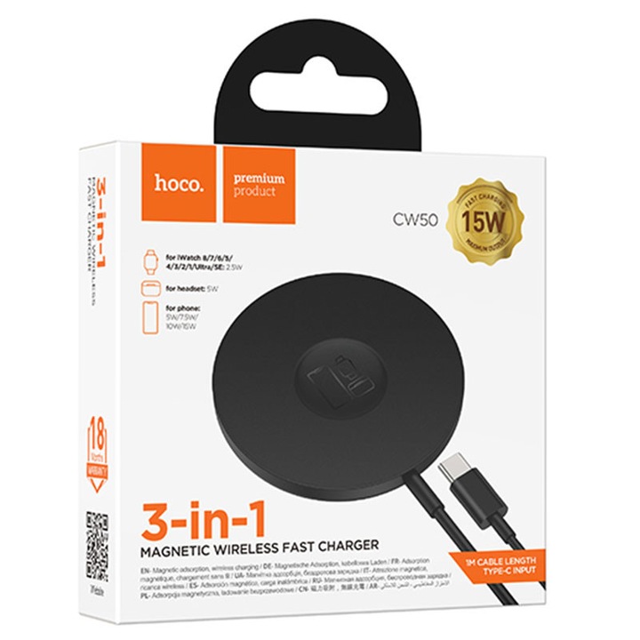 Hoco vezeték nélküli töltő (CW50), AP sorozat, 15W, Qi töltés, gyors, fekete