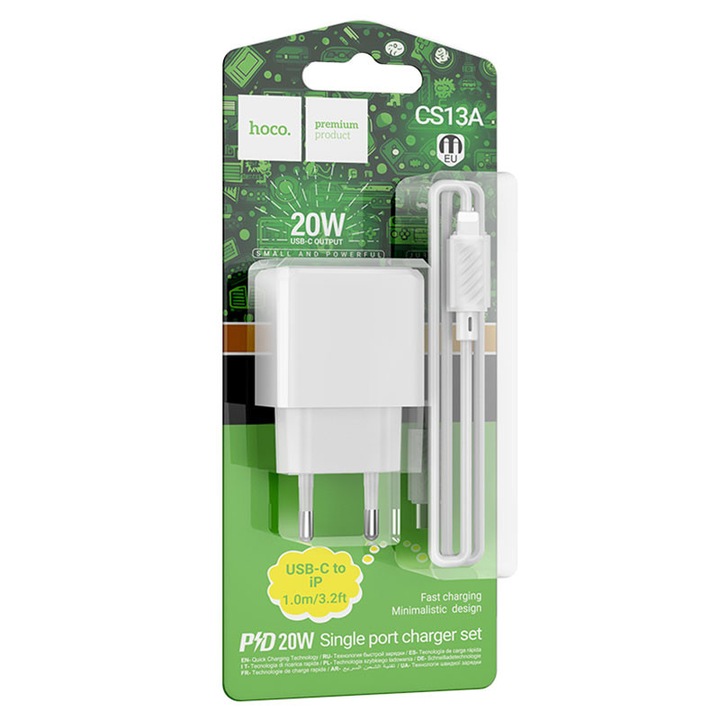 Hoco hálózati töltő (CS13A) + Lightning kábel, 20W, 1xUSB-C, PD, fehér