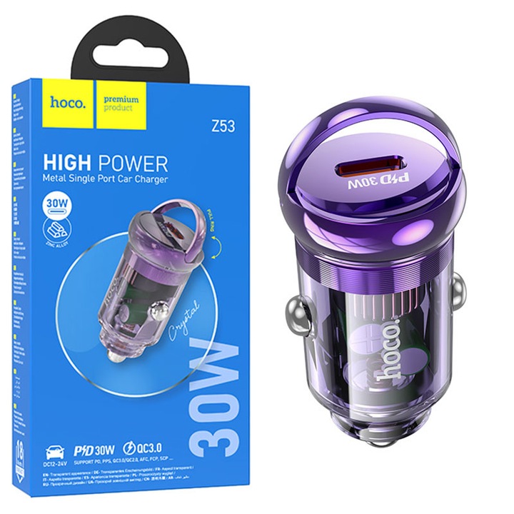 Hoco autós töltő (Z53), 30 W, 1xUSB-C, PD, gyűrűs töltő, LILA