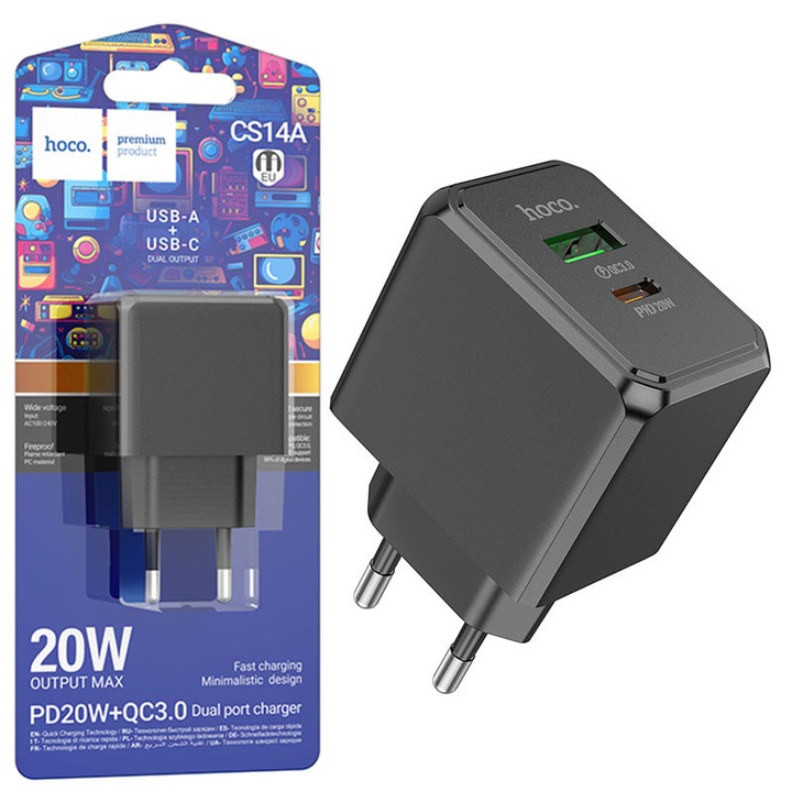 Hoco hálózati töltő (CS14A), 20W, 1xUSB-A, 1xUSB-A, fekete