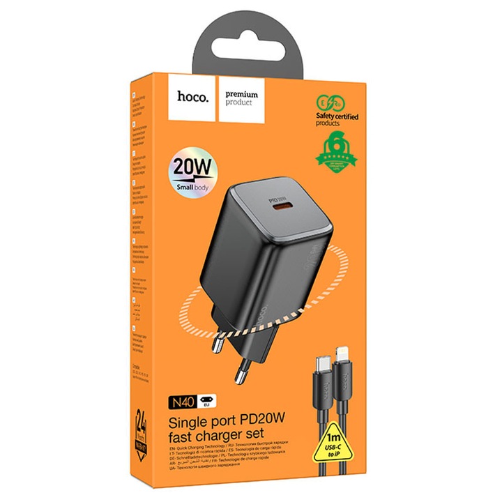 Hoco hálózati töltő (N40) + Lightning kábel, 20W, 1xUSB-C, PD, fekete