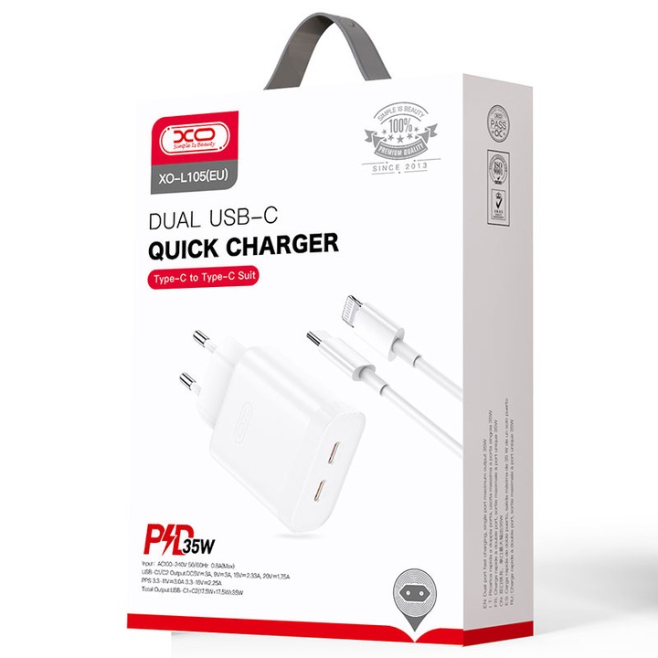 XO (L105) Fali töltő + Lightning kábel, 35W, 2xUSB-C, PD, fehér