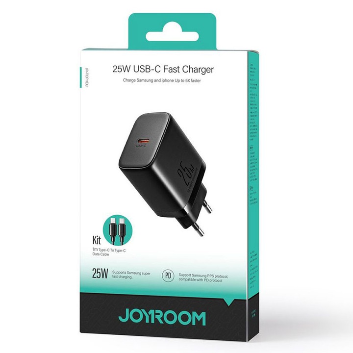 Joyroom hálózati adapter (JR-TCF11) + USB-C kábel, 25W, 1xUSB-C, PD, fekete