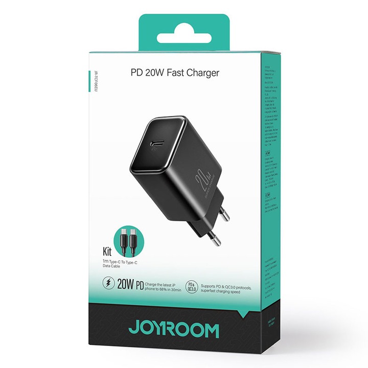 Joyroom hálózati adapter (JR-TCF06) + USB-C kábel, 20W, 1xUSB-C, PD, fekete