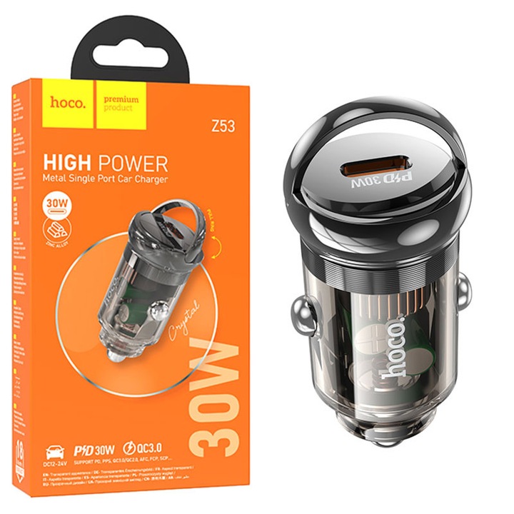 Hoco autós töltő (Z53), 30 W, 1xUSB-C, PD, gyűrűs töltő, FEKETE