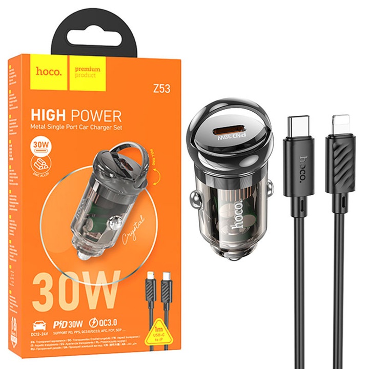 Hoco autós töltő + villámkábel (Z53), 30W, 1xUSB-C, PD, gyűrűs-húzós, FEKETE