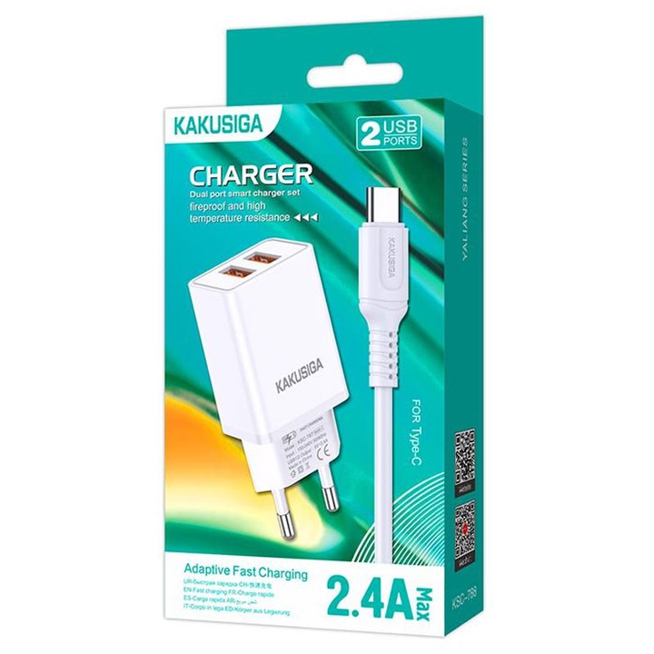 Kaku hálózati adapter (KSC-788) + USB-C kábel, 18W, 2.4A, 2xUSB-A, QC 3.0, fehér