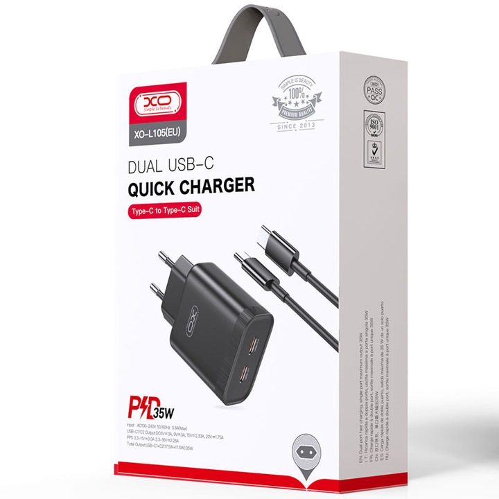 Incarcator Retea + Cablu USB-C XO (L105), 35W, 2xUSB-C, PD, BLACK