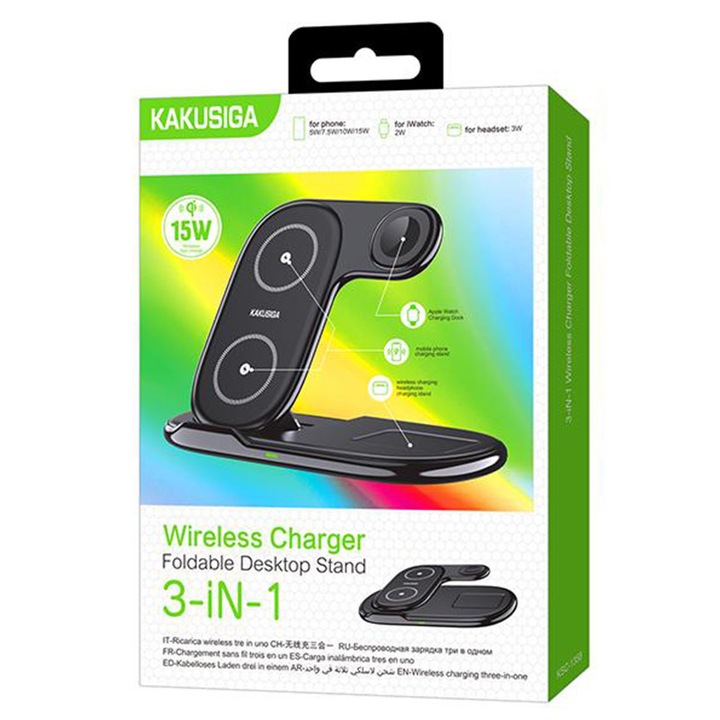 Incarcator Kaku (KSC-1358) Wireless, 15W, Qi Charging, Fast Charging, tip Stand, Black