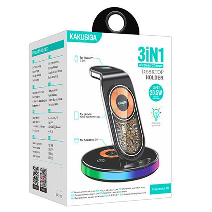 Incarcator Kaku (KSC-1153) Wireless, 15W, Qi Charging, Universal 3 in 1, Fast, tip Stand, Black