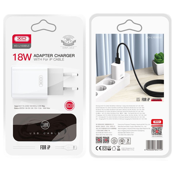 XO (L103) Захранващ адаптер + Lightning кабел, 18W, 1xUSB-A, QC 3.0, бял