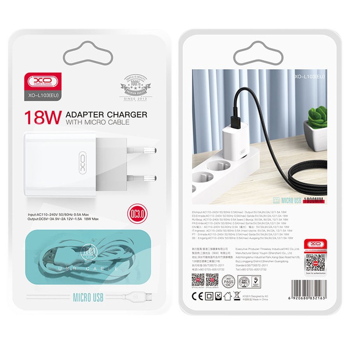XO (L103) Захранващ адаптер + MicroUSB кабел, 18W, 1xUSB-A, QC 3.0, бял