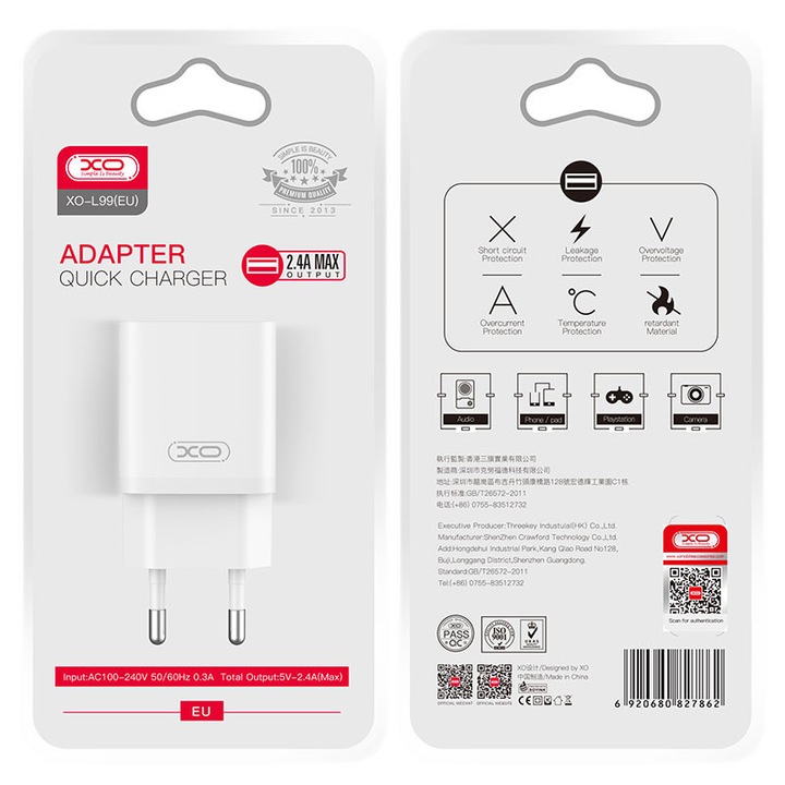 XO (L99) Захранващ адаптер, 2.4A, 1xUSB-A, QC 3.0, бял